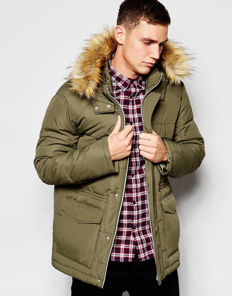 Quilted Fishtail Parka with Faux Fur Hood In Khaki - £80